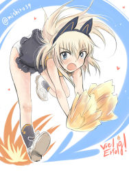 Rule 34 | 1girl, animal ears, bent over, blonde hair, blue eyes, blush, bow, cheerleader, ear ribbon, heart, helma lennartz, highres, long hair, looking at viewer, mishiro shinza, open mouth, panties, pom pom (cheerleading), simple background, skirt, solo, strike witches, underwear, white panties, world witches series