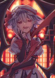 Rule 34 | 1girl, :d, backlighting, bat wings, embellished costume, fang, hair between eyes, hat, highres, looking at viewer, nail polish, open mouth, pointy ears, red nails, remilia scarlet, short hair, smile, solo, touhou, user gcxy7887, window, wings