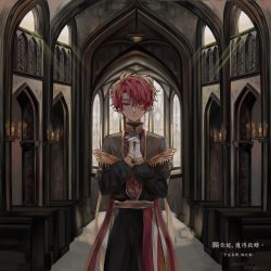 Rule 34 | 1boy, :|, absurdres, arch, candle, church, closed mouth, dated, earrings, gloves, hair over one eye, hands up, highres, indoors, jewelry, long sleeves, looking at viewer, male focus, monocle, original, own hands together, pew, pointy ears, red eyes, red hair, signature, solo, standing, white gloves, window, yasei akazome