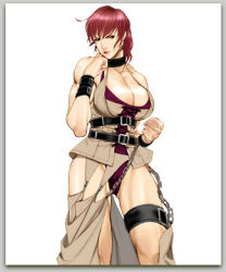 Rule 34 | 1990s (style), 1girl, breasts, chain, cleavage, female focus, fighting stance, gensou suikoden, gensou suikoden ii, huge breasts, legs, lowres, muscular, muscular female, oulan (suikoden), red hair, retro artstyle, solo, thigh strap, thighs
