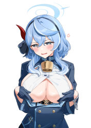 Rule 34 | 1girl, absurdres, ako (blue archive), anger vein, bell, blue archive, blue eyes, blue gloves, blue hair, blush, breasts, cowbell, embarrassed, facing viewer, gloves, hairband, halo, highres, large breasts, looking away, neck bell, nonbire, open clothes, open mouth, open shirt, partially unbuttoned, simple background, solo, spoken anger vein, sweat, tears, upper body, white background