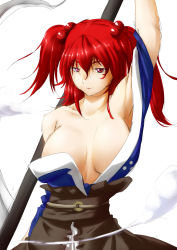 Rule 34 | 1girl, breasts, cleavage, female focus, highres, huge breasts, niwatazumi, off shoulder, onozuka komachi, red eyes, red hair, scythe, short hair, short twintails, sketch, solo, touhou, twintails, two side up