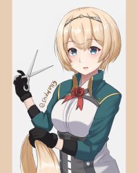 Rule 34 | 1girl, alternate hair length, alternate hairstyle, blonde hair, blue eyes, breasts, corset, cropped jacket, cutting hair, cutting own hair, flower, hairband, highres, holding, holding own hair, kantai collection, looking at viewer, medium breasts, military, military uniform, official alternate hair length, official alternate hairstyle, red flower, red rose, rose, scissors, shidas0459, solo, tiara, twitter username, uniform, upper body, victorious (kancolle)