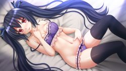 Rule 34 | 1girl, bed sheet, black hair, black thighhighs, blush, bra, breasts, choujigen game neptune, collarbone, frilled bra, frilled panties, frills, hand on own chest, hands up, highres, kazenokaze, long hair, looking at viewer, lying, medium breasts, navel, neptune (series), noire (neptunia), nose blush, on back, open mouth, panties, purple bra, purple panties, red eyes, saliva, shade, solo, strap slip, thighhighs, thighs, twintails, underwear, very long hair