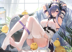 Rule 34 | 1girl, absurdres, arm strap, armpits, arms up, august von parseval (azur lane), august von parseval (the conquered unhulde) (azur lane), azur lane, bare shoulders, blue hair, blush, breasts, couch, feet, garter straps, hair over one eye, highres, horns, large breasts, long hair, looking at viewer, manjuu (azur lane), mouth hold, one eye covered, purple eyes, sitting, soles, tansuan (ensj3875), thick thighs, thighhighs, thighs, very long hair, white garter straps, white thighhighs