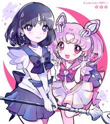 Rule 34 | 2girls, :d, back bow, bishoujo senshi sailor moon, bishoujo senshi sailor moon supers, black hair, bow, brooch, chibi usa, choker, circlet, commentary request, cone hair bun, cowboy shot, crescent, double bun, earrings, elbow gloves, gloves, hair bun, hands up, heart, heart brooch, highres, jewelry, kiato, leotard, long hair, looking at viewer, magical girl, multiple girls, open mouth, pink bow, pink eyes, pink hair, pink sailor collar, pink skirt, pleated skirt, purple eyes, purple sailor collar, purple skirt, sailor chibi moon, sailor collar, sailor saturn, sailor senshi uniform, short hair, skirt, smile, standing, standing on one leg, star (symbol), star brooch, star choker, tomoe hotaru, twintails, v, v arms, wand, white gloves, white leotard