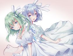 Rule 34 | 2girls, alternate costume, back-to-back, bad id, bad pixiv id, blue dress, blue eyes, blue hair, blush, bow, breasts, cirno, cleavage, daiyousei, dress, dutch angle, fairy wings, green eyes, green hair, hair bow, hair ribbon, happy, head tilt, ice, ice wings, looking at viewer, looking to the side, medium breasts, multiple girls, open mouth, ribbon, shiromoru (yozakura rety), side ponytail, signature, simple background, smile, touhou, twitter username, white dress, wings
