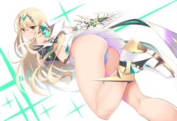 Rule 34 | 1girl, ass, bare shoulders, blonde hair, blush, breasts, daive, dress, earrings, elbow gloves, gloves, highres, jewelry, large breasts, long hair, looking at viewer, mythra (xenoblade), short dress, solo, swept bangs, thighs, tiara, very long hair, white dress, white gloves, xenoblade chronicles (series), xenoblade chronicles 2, yellow eyes