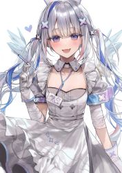 Rule 34 | 1girl, 6665 roku, :d, amane kanata, amane kanata (nurse), angel, angel wings, apron, armband, bandaged arm, bandages, blue hair, collarbone, flat chest, gloves, grey hair, hair ornament, highres, hololive, id card, long hair, looking at viewer, multicolored hair, nurse, official alternate costume, open mouth, purple eyes, smile, solo, streaked hair, syringe, twintails, virtual youtuber, wings