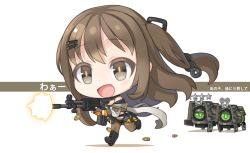 Rule 34 | 1girl, assault rifle, bare shoulders, black panties, boots, brown eyes, brown hair, chibi, commentary, cross-laced footwear, daewoo k2, drone, fingerless gloves, firing, girls&#039; frontline, gloves, gun, gundam, hair ornament, hairclip, holding, holding weapon, jacket, k2 (girls&#039; frontline), lace-up boots, long hair, off shoulder, open mouth, panties, ran system, rifle, running, shell casing, smile, underwear, weapon