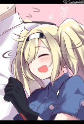 Rule 34 | 1boy, 1girl, :d, admiral (kancolle), blonde hair, blush, commentary request, gambier bay (kancolle), gloves, hair over one eye, hairband, happy, heart, highres, kantai collection, letterboxed, long hair, open mouth, out of frame, pink background, shirt grab, simple background, sketch, smile, solo focus, soramuko, twintails, twitter username, upper body
