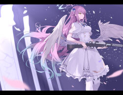 Rule 34 | 1girl, absurdres, blue archive, blue hair, breasts, closed mouth, dress, gradient hair, gun, hair ornament, halo, highres, holding, holding gun, holding weapon, letterboxed, long hair, low wings, medium breasts, mika (blue archive), multicolored hair, pantyhose, pink hair, short sleeves, solo, standing, weapon, white dress, white pantyhose, white wings, wings, yellow eyes, yume (454565427)
