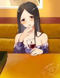 Rule 34 | alcohol, bare shoulders, black hair, blouse, blush, brown eyes, collarbone, commentary request, cup, drinking glass, eyebrows, eyelashes, hand on own chin, hand up, highres, hiiragi shino, holding, holding cup, idolmaster, idolmaster cinderella girls, indoors, jewelry, long hair, long sleeves, mmmakaron888, necklace, parted bangs, parted lips, purple shirt, red wine, shirt, signature, smile, strapless, table, upper body, wine, wine glass