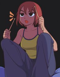 Rule 34 | 1girl, absurdres, black eyes, breasts, camisole, cleavage, collarbone, commentary, drumsticks, freckles, grey pants, highres, holding, holding drumsticks, jeff miga, kim pine, medium breasts, medium hair, pants, red hair, scott pilgrim (series), sitting, solo, spaghetti strap, yellow camisole