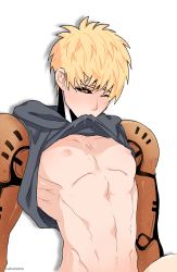 Rule 34 | 2boys, abs, against wall, clothes lift, fellatio, genos, highres, male focus, multiple boys, muscular, nipples, one-punch man, oral, pectorals, saitama (one-punch man), shirt lift, sweat, undressing, wince, yaoi