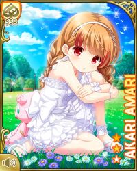 Rule 34 | 1girl, amari akari, arm around leg, bow, brown hair, card (medium), character name, closed mouth, cloud, dress, frills, girlfriend (kari), lawn, nail polish, official art, outdoors, park, pout, qp:flapper, red eyes, shoes, sky, solo, standing, stuffed animal, stuffed toy, tagme, tree, white bow, white dress