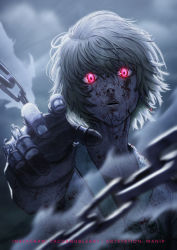 Rule 34 | 1boy, absurdres, artstation username, blood, blood on face, chain, earrings, fighting stance, glowing, glowing eyes, grey theme, highres, hunter x hunter, instagram username, jewelry, kurapika, long sleeves, looking at viewer, male focus, manip, motion blur, official alternate costume, red eyes, serious, shirt, short hair, solo, upper body, wind