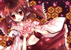 Rule 34 | 1girl, bad id, bad pixiv id, bare shoulders, bow, brown eyes, brown hair, detached sleeves, female focus, flower, hair bow, hakurei reimu, japanese clothes, kusa, kusada souta, midriff, miko, navel, open mouth, petals, short hair, solo, symbol-shaped pupils, touhou