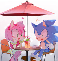 Rule 34 | 1boy, 1girl, alternate costume, amy rose, animal ears, animal nose, bare shoulders, blue fur, blush, bracelet, breasts, chair, drink, drinking straw, eyelashes, furry, furry female, furry male, glass, gloves, gold bracelet, green eyes, hairband, hands on own face, hands up, heart, hedgehog, hedgehog ears, hedgehog girl, hedgehog tail, highres, ice, jewelry, leaf, looking down, medium breasts, miniskirt, msg01, open mouth, pink footwear, pink fur, pink hairband, pink tank top, pleated skirt, red footwear, shoes, simple background, sitting, skirt, smile, sneakers, socks, sonic (series), sonic the hedgehog, sweat, sweatdrop, table, tail, tank top, teeth, umbrella, white background, white gloves, white socks, yellow skirt