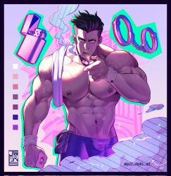 Rule 34 | 1boy, abs, artist name, asymmetrical hair, bara, black hair, black pants, cigarette, clenched hand, color guide, commission, cuffs, handcuffs, highres, holding, holding lighter, ibispaint (medium), jezz mons art, large pectorals, lighter, looking at viewer, male focus, muscular, muscular male, navel, nipples, pants, pectorals, shingeki no kyojin, short hair, sidecut, smoking, solo, topless male, twitter username, undercut, wristband