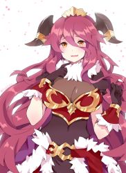 Rule 34 | 1girl, blush, breasts, brown eyes, cleavage, covered navel, dragalia lost, dragon girl, dragon horns, fang, fruitfroze, fur collar, fur trim, gloves, highres, horns, large breasts, long hair, looking at viewer, mym (dragalia lost), nintendo, open mouth, purple hair, see-through, solo, standing, very long hair