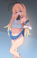 Rule 34 | 1girl, absurdres, animal ears, black hairband, black neckerchief, black panties, blonde hair, blue background, blue eyes, blue skirt, clothes lift, elbow gloves, fake animal ears, feet out of frame, gloves, groin, hair between eyes, hairband, highres, kantai collection, lifting own clothes, long hair, looking at viewer, lyrinne, midriff, mouth hold, navel, neckerchief, neckwear lift, no panties, panties, panties around leg, panty pull, pleated skirt, shimakaze (kancolle), shirt, simple background, skirt, skirt lift, solo, underwear, unworn panties, water, wet, wet clothes, wet shirt, white gloves, white shirt