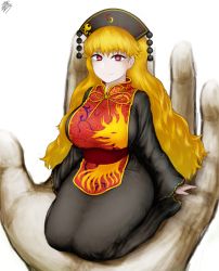 Rule 34 | 1girl, black dress, blonde hair, breasts, chinese clothes, dress, hat, hip focus, in palm, junko (touhou), large breasts, long hair, long sleeves, looking at viewer, mini person, minigirl, obi, ribbon, sash, seiza, sitting, smile, solo, solo focus, tabard, thick thighs, thighs, touhou, very long hair, yuugatou (yuuzutu)