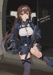 Rule 34 | 1girl, absurdres, asymmetrical legwear, black socks, blue jacket, breasts, brown hair, bullpup, dated, girls&#039; frontline, gun, hairband, highres, holding, holding gun, holding weapon, jacket, js 9 (girls&#039; frontline), js 9 mm, kneehighs, lithographica, long hair, open mouth, ponytail, prosthesis, prosthetic arm, red eyes, sidelocks, single kneehigh, single sock, single thighhigh, skirt, socks, solo, submachine gun, suppressor, thighhighs, twitter username, uneven legwear, weapon, white hairband
