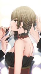 Rule 34 | 1girl, applying makeup, back, bare shoulders, blue eyes, breasts, brown hair, choker, cosmetics, earrings, from side, gambe, glint, hairdressing, highres, idolmaster, idolmaster cinderella girls, jewelry, lips, lipstick tube, makeup brush, medium breasts, mole, mole under eye, out of frame, profile, shoulder blades, sleeveless, smile, solo focus, strapless, takagaki kaede, upper body