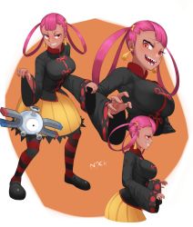 Rule 34 | 1girl, breasts, chinese clothes, creatures (company), dark skin, earrings, game freak, gen 1 pokemon, hair ornament, half-closed eyes, highres, jewelry, large breasts, long sleeves, magnemite, nintendo, nyxkz, open mouth, pantyhose, pink hair, pokemon, pokemon (creature), pokemon masters ex, punk girl (pokemon), red eyes, sharp teeth, skirt, smile, solo focus, striped clothes, striped pantyhose, teeth, twintails, wide sleeves