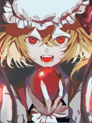 Rule 34 | 1girl, 3 oxo oxo 3, apple, black background, blonde hair, commentary request, flandre scarlet, food, fruit, hair between eyes, hat, hat ribbon, highres, holding, holding food, holding fruit, imminent bite, long sleeves, looking at viewer, medium hair, mob cap, nail polish, one side up, open mouth, pink nails, red eyes, red ribbon, red vest, ribbon, shirt, solo, teeth, touhou, upper body, vest, white hat, white shirt, wings