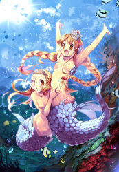 Rule 34 | 2girls, :d, :o, arms around waist, arms up, blonde hair, blush stickers, braid, breasts, completely nude, coral, crown, fins, fish, hanpen, head fins, lens flare, long hair, mermaid, monster girl, multiple girls, nipples, no nose, nude, open mouth, original, outstretched arms, scales, small breasts, smile, sun, tiara, topless, tropical fish, twin braids, underwater, very long hair
