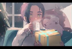 1boy :3 alternate_costume black_hair blush box christmas christmas_tree closed_eyes commentary_request creatures_(company) cup game_freak gift gift_box highres holding holding_cup holding_gift huwatannpopo indoors kieran_(pokemon) letterboxed long_sleeves male_focus mug multicolored_hair nintendo pokemon pokemon_(creature) pokemon_sv purple_hair snowing sweater twitter_username white_sweater window yellow_eyes