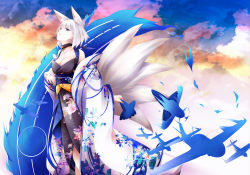 Rule 34 | 1girl, absurdres, aircraft, airplane, animal ears, azur lane, blue eyes, blunt bangs, blush, breasts, cleavage, cloud, cloudy sky, collarbone, evening, floral print, fox ears, fox tail, fudo shin, highres, holding, japanese clothes, kaga (azur lane), kimono, large breasts, long hair, looking at viewer, multiple girls, multiple tails, nail polish, obi, sash, short hair, skirt, sky, smile, solo, tail, thighs, white hair, wide sleeves