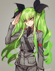 Rule 34 | &gt;:3, 10s, 1girl, :3, anchovy (cosplay), anchovy (girls und panzer), anzio military uniform, arm at side, armband, belt, black necktie, black ribbon, blush, c.c., closed mouth, code geass, cosplay, cowboy shot, creayus, drill hair, girls und panzer, grey background, hair ribbon, head tilt, long hair, long sleeves, looking at viewer, military, military uniform, necktie, pocket, ribbon, salute, sidelocks, simple background, sketcg, smile, solo, standing, tsurime, twin drills, twitter username, uniform, v-shaped eyebrows, very long hair, yellow eyes