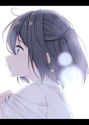 Rule 34 | 1girl, ahoge, black hair, blue eyes, collared shirt, commentary request, hair between eyes, hand on own arm, highres, letterboxed, looking away, one side up, original, parted lips, profile, shirt, short hair, simple background, solo, suzunari shizuku, white background, white shirt, yuki arare