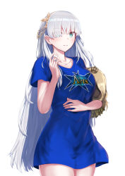 Rule 34 | 1girl, absurdres, anastasia (fate), arts shirt, blue eyes, breasts, doll, fate/grand order, fate (series), hair over one eye, hairband, highres, kotou mai, large breasts, long hair, playing with own hair, silver hair, smile, thighs, very long hair