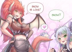 Rule 34 | 2girls, apricot the lich, apricot the lich (1st costume), bad id, bad pixiv id, black nails, blush, breasts, cleavage, creatures (company), dragon girl, dragon horns, dragon tail, dragon wings, english text, fang, game freak, gen 8 pokemon, green eyes, heart, highres, horns, hungrydurp, large breasts, looking at another, multiple girls, nail polish, nintendo, open mouth, pointy ears, pokemon, pokemon swsh, ponytail, red hair, see-through, see-through cleavage, slit pupils, smile, snom, speech bubble, spoken heart, tail, virtual youtuber, vshojo, wings, yellow eyes, zentreya, zentreya (dragon), zentreya (dragon) (1st costume)