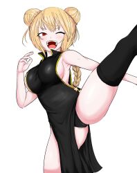 Rule 34 | 1girl, absurdres, alternate costume, alternate hairstyle, armpits, bare shoulders, black dress, blonde hair, blush, braid, breasts, china dress, chinese clothes, cookie (touhou), cowboy shot, double bun, dress, feet out of frame, hair bun, high kick, highres, kicking, large breasts, mutsurai rempo, one eye closed, panties, pelvic curtain, poses, red eyes, sideboob, simple background, slit pupils, solo, standing, standing on one leg, star (symbol), suzu (cookie), teeth, thighhighs, thighs, underwear, white background
