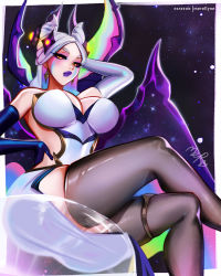 Rule 34 | 1girl, against glass, ass, ass on glass, asymmetrical gloves, bare shoulders, black sclera, breasts, cleavage, colored sclera, crossed legs, forehead, gloves, grey hair, hand on own head, hand on own stomach, highres, horns, large breasts, league of legends, lingerie, looking at viewer, merellyne, mismatched gloves, morgana (league of legends), purple lips, signature, sitting, slit pupils, solo, star nemesis morgana, thigh strap, thighhighs, underwear, yellow eyes