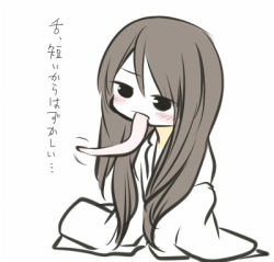 Rule 34 | 1girl, blush, brown hair, head tilt, japanese clothes, kimono, long hair, long tongue, lowres, original, poaro, prehensile tongue, simple background, sitting, solo, tongue, tongue out, translation request, very long hair, white background