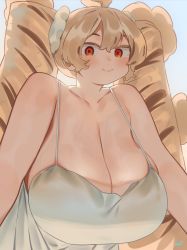Rule 34 | 1girl, bare shoulders, blonde hair, breasts, cleavage, closed mouth, dress, highres, huge breasts, long hair, looking at viewer, mofu mofuko (ryusei hashida), original, red eyes, ryusei hashida, smile, solo, spaghetti strap, twintails, veins, veiny breasts, white dress