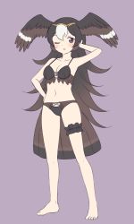 Rule 34 | 1girl, ;o, absurdres, bare legs, barefoot, black hair, bra, breasts, bridal garter, brown eyes, brown hair, character request, commentary, diadem, gradient hair, hand in own hair, hand on own hip, head wings, highres, kemono friends, legs apart, light blush, long hair, looking at viewer, medium breasts, midriff, multicolored hair, navel, one eye closed, panties, purple background, shiraha maru, simple background, solo, standing, tail, underwear, underwear only, very long hair, white hair, wings