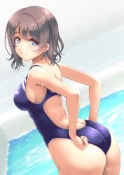 Rule 34 | 1girl, adjusting clothes, adjusting swimsuit, ass, bare arms, bare back, blue eyes, blue one-piece swimsuit, blush, breasts, competition swimsuit, frapowa, grey hair, looking at viewer, looking back, love live!, love live! sunshine!!, medium breasts, one-piece swimsuit, pool, short hair, sidelocks, sleeveless, smile, solo, swimsuit, watanabe you, water, water drop, wet, wet clothes, wet hair, wet swimsuit