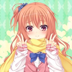 Rule 34 | 1girl, aria (koiiroharemoyou), blue bow, blue scrunchie, blush, bow, breasts, commentary request, double v, eyelashes, furrowed brow, green background, hair between eyes, hands up, heart, heart background, inaba meguru, jacket, long hair, looking at viewer, orange hair, pink jacket, red eyes, sanoba witch, scarf, scrunchie, shirt, side ponytail, sidelocks, simple background, sleeves past wrists, small breasts, smile, solo, v, wavy hair, white shirt, white sleeves, yellow scarf, yuzu-soft