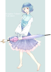 Rule 34 | 1girl, adapted costume, barefoot, blue eyes, blue hair, blue skirt, blue vest, character name, commentary request, english text, frilled skirt, frills, gradient umbrella, heterochromia, highres, holding, holding umbrella, long sleeves, looking at viewer, nagata nagato, red eyes, shirt, short hair, skirt, solo, tatara kogasa, tongue, tongue out, touhou, umbrella, vest, white shirt