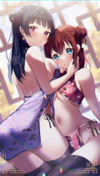 Rule 34 | 2girls, aqua eyes, ass, backless dress, backless outfit, black thighhighs, blue hair, breasts, china dress, chinese clothes, cleavage, dress, earrings, hair bun, highres, indoors, jewelry, kazepana, kurosawa ruby, large breasts, long hair, looking at viewer, looking back, love live!, love live! sunshine!!, medium breasts, midriff, multiple girls, navel, purple dress, red eyes, red hair, short dress, short hair, sideboob, single side bun, stomach, thighhighs, tsushima yoshiko, underboob