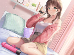 Rule 34 | 1girl, bed, bedroom, between legs, blue eyes, blush, book, breasts, brown hair, cleavage, closed mouth, collarbone, curtains, dildo, dot nose, dutch angle, forehead, hair ornament, hand between legs, high-waist skirt, highres, holding, indoors, long bangs, long hair, looking at viewer, medium breasts, off shoulder, original, parted bangs, pillow, plant, potted plant, sakamuke, sex toy, shadow, shirt, single bare shoulder, sitting, skirt, smile, solo, wariza, white shirt
