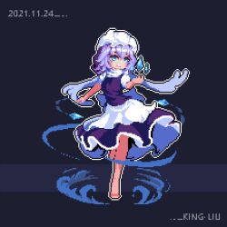 Rule 34 | 1girl, apron, artist name, black background, blue eyes, closed mouth, commentary, dated, english commentary, full body, ice, king liu, letty whiterock, lowres, pixel art, purple hair, scarf, short hair, short sleeves, simple background, smile, solo, standing, standing on one leg, touhou, waist apron, white headwear, white scarf