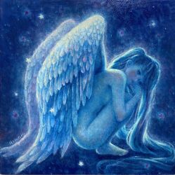 Rule 34 | 1girl, angel, angel wings, barefoot, blue theme, blush, breasts, completely nude, feathered wings, full body, highres, long hair, looking to the side, nude, oil painting (medium), original, painting (medium), ringodrawing, small breasts, solo, squatting, star (symbol), traditional media, twintails, very long hair, white wings, wings